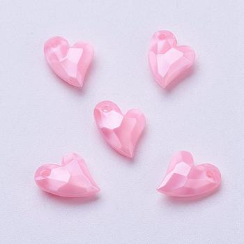 Acrylic Pendants, Imitation Pearl, Heart, Faceted, Pink, 11x9x4mm, Hole: 0.5mm