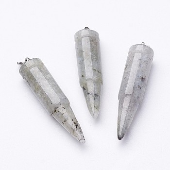 Natural Labradorite Pointed Pendants, with 201 Stainless Steel Split Rings, Bullet, Stainless Steel Color, 42~46x10mm, Hole: 5mm