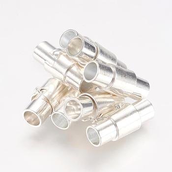 Brass Locking Tube Magnetic Clasps, Column, Silver Color Plated, 15x6mm, Hole: 4mm