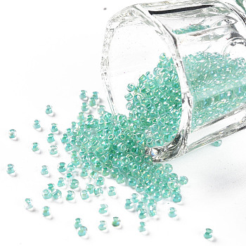 11/0 Grade A Round Glass Seed Beads, Transparent Inside Colours, AB Color Plated, Medium Aquamarine, 2.3x1.5mm, Hole: 1mm, about 48500pcs/pound