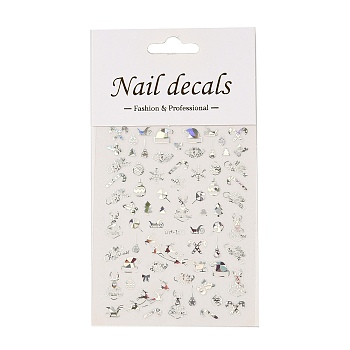 PET Christmas Laser Nail Art  Sticker, Self-adhesive, 3D Design, For Nail Tips Decorations, Mixed Christmas Theme Pattern, Silver, 10.4x8x0.02cm