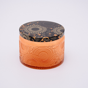 Glass Storage Box, Container for Jewelry, Aromatherapy Candle, Candy Box, with Slip-on Lid, Flower Pattern, Orange, 7.1x5.2cm, Capacity: 125ml(4.23 fl. oz)