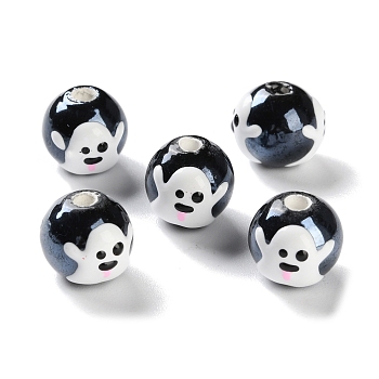 Handmade Porcelain Beads, Christmas Themes, Round, Black, 9.5~10x9~9.5mm, Hole: 1.5mm