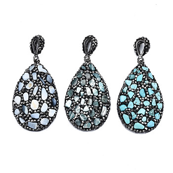 Polymer Clay Rhinestone Pendants, with Gemstone Chip/Natural Shell Chip and PU Leather, Teardrop, Gunmetal, 50~51x31~32x7~8mm, PP12(1.8~1.9mm), Hole: 9x5mm