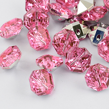 2-Hole Taiwan Acrylic Rhinestone Octagon Buttons, Faceted & Silver Plated Pointed Back, Pink, 12.5x13x7mm, Hole: 1mm