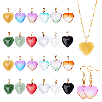 24Pcs 12 Colors Spray Painted Glass Pendants, with Golden Plated Iron Bails, Imitation Jade, Heart, Mixed Color, 22x20.5x7mm, Hole: 6x2mm, 2pcs/color