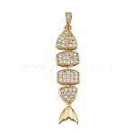 Brass Micro Pave Clear Cubic Zirconia Pendants, Fish Charms, Rack Plating, Long-Lasting Plated, Cadmium Free & Lead Free, Real 18K Gold Plated, 44x10x3mm, Hole: 4.5x2mm(CU-CBAF17A-24G)
