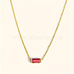 Birthstone Style Brass Cubic Zirconia Rectangle Pendant Necklaces for Women, Golden, Medium Violet Red, 15.75 inch(40cm)(FS-WGDF12C-07)