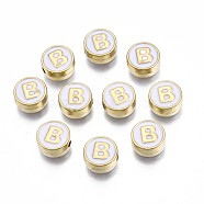 Alloy Enamel Beads, Cadmium Free & Lead Free, Light Gold, Flat Round with Alphabet, White, Letter.B, 8x4mm, Hole: 1.5mm(X-ENAM-N052-006-01B-RS)