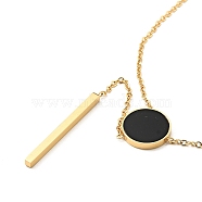 Black Synthetic Shell Flat Round Pendant Lariat Necklace, Ion Plating(IP) 304 Stainless Steel Y Necklace for Women, Golden, 16.54 inch(42cm)(NJEW-G085-09G)
