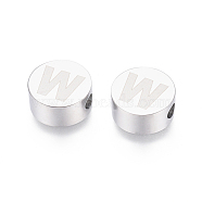304 Stainless Steel Beads, Flat Round with Letter, Letter.W, 10x4.5mm, Hole: 2mm(STAS-I126-02P-W)