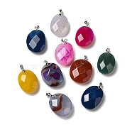 Natural Agate Dyed Pendants, Faceted Oval Charms with Platinum Plated Brass Pinch Bails, Mixed Color, 34x23x10.5mm, Hole: 5x3.8mm(G-M415-03P)