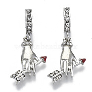 Alloy European Dangle Charms, with Crystal Rhinestone and Enamel, Large Hole Pendants, Hand with Arrow, Platinum, Red, 31mm, Hole: 5mm, Pendants: 20x15x3mm(MPDL-N039-001)