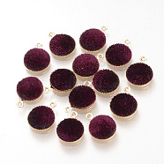 Handmade Velours Covered Pendants, with Brass Findings, Flat Round, Golden, Dark Red, 14x11x3mm, Hole: 1mm(WOVE-R101-B07)