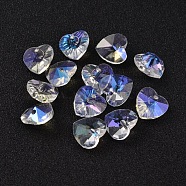 Romantic Valentines Ideas Glass Charms, Faceted Heart Charm, AB Color Plated, Colorful, 10x10x5mm, Hole: 1mm(X-G030V10mm-01)