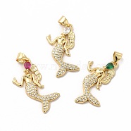 Rack Plating Brass Cubic Zirconia Pendants, Cadmium Free & Lead Free, Real 18K Gold Plated, Long-Lasting Plated, Mermaid Charm, Mixed Color, 26x18x3mm, Hole: 3.5x4.5mm(KK-G456-16G)
