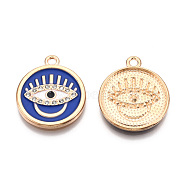 Rack Plating Alloy Enamel Pendants, with Crystal Rhinestone, Cadmium Free & Nickel Free & Lead Free, Flat Round with Evil Eye Charms, Blue, 25.5x22x2.2mm, Hole: 2.2mm(PALLOY-T077-215)