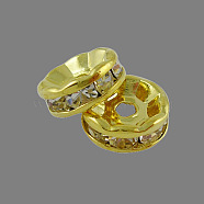 Brass Rhinestone Spacer Beads, Grade A, Straight Flange, Golden Metal Color, Rondelle, Crystal, 10x4mm, Hole: 2mm(X-RB-A014-Z10mm-01G)