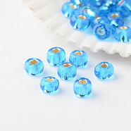 6/0 Grade A Round Glass Seed Beads, Silver Lined, Deep Sky Blue, 4x3mm, Hole: 1mm, about 4800pcs/pound(SEED-A022-F6-45)