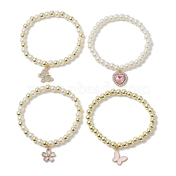 4Pcs 4 Styles Glass & Synthetic Hematite Stretch Bracelets Set, Butterfly & Flower & Heart Stackable Bracelets with Alloy Enamel Charms, Mixed Color, Inner Diameter: 2-1/8~2-1/4 inch(5.3~5.7cm), 1Pc/style(BJEW-JB10141)