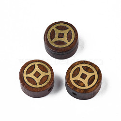 Natural Rosewood Undyed Beads, with Coin-Shaped Raw(Unplated) Brass Slices, Flat Round, Saddle Brown, 14x7mm, Hole: 1.8mm(WOOD-N013-022)