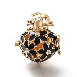 Alloy Crystal Rhinestone Bead Cage Pendants, Hollow Flower Charm, with Enamel, for Chime Ball Pendant Necklaces Making, Golden, Black, 34mm, Hole: 6x3mm, Bead Cage: 26x25x21mm, 18mm Inner Size(ENAM-M047-04G-B)