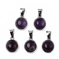 Natural Amethyst Pendants, with Platinum Tone Brass Settings and Platinum Tone Iron Snap on Bails, Half Round/Dome, 15.5x12x6mm, Hole: 5x7mm(G-T131-19B)