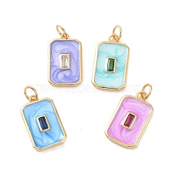Rectangle Brass Micro Pave Cubic Zirconia Pendants, with Jump Rings and Enamel, Cadmium Free & Nickel Free & Lead Free, Real 18K Gold Plated, Mixed Color, 18x10.5x2mm, Hole: 3mm(KK-G435-05G)