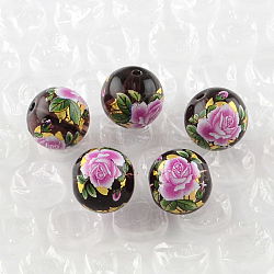 Rose Flower Pattern Printed Round Glass Beads, Magenta, 10x9mm, Hole: 1.5mm(GFB-R004-10mm-P01)