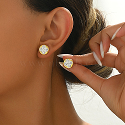 Elegant Vintage Alloy Stud Earrings, Real 18K Gold Plated, with Rhinestone, Flat Round, 12mm(QQ0173-2)