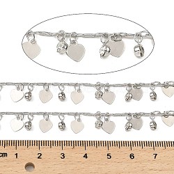 Rack Plating Brass Heart Link Chains, with Clear Glass Charms, Long-Lasting Plated, Soldered, with Spool, Platinum, Flat Round: 6x4x3mm, Heart: 7.5x6x0.2mm, about 32.81 Feet(10m)/Roll(CHC-A007-13P)