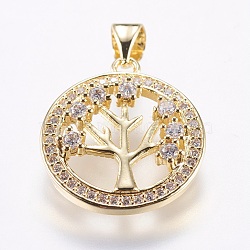 Brass Pendants, with Micro Pave Cubic Zirconia, Flat Round with Tree of Life, Golden, 20x17.5x4mm, Hole: 3.5x4.5mm(KK-K217-04G)
