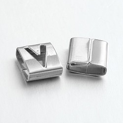 Letter Style 201 Stainless Steel Square Slide Charms, Letter.V, 9x8x4mm, Hole: 8x3mm(STAS-L132-14)