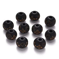 Painted Natural Wood Beads, Laser Engraved Pattern, Round with Flower Pattern, Black, 10x9mm, Hole: 3mm(WOOD-N006-03A-10)