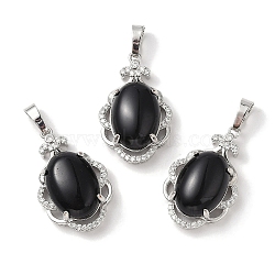 Natural Obsidian Oval Pendants, Platinum Tone Brass Micro Pave Clear Cubic Zirconia Flower Charms, Long-Lasting Plated, Lead Free & Cadmium Free, 30x19x10mm, Hole: 7.8x5mm(G-NH0025-15P-09)