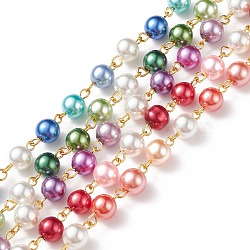 5Pcs 5 Color Handmade Glass Pearl Beaded Chain, with Gold Plated Iron Eye Pins, Unwelded, Mixed Color, 14x8mm, 1M/pc, 1Pc/color(AJEW-JB01134)