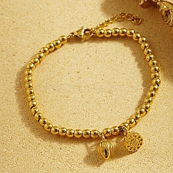 Stainless Steel Lotus Flower Charm Bracelet with Round Beaded, Real 18K Gold Plated, 6-1/4 inch(16cm)(TU9085-1)