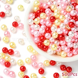 500Pcs 5 Colors Spray Painted ABS Plastic Imitation Pearl Beads, Round, Pink, 8x7.5~8mm, Hole: 1.8~2mm, 100pcs/color(OACR-YW0004-49B)