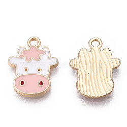 Light Gold Plated Alloy Pendants, with Enamel, Dairy Cow, Pink, 19x14x2mm, Hole: 2mm(X-ENAM-T009-20C)