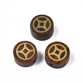 Natural Rosewood Undyed Beads, with Coin-Shaped Raw(Unplated) Brass Slices, Flat Round, Saddle Brown, 14x7mm, Hole: 1.8mm