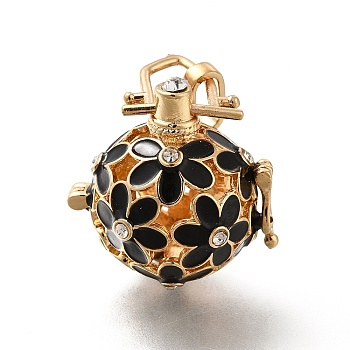 Alloy Crystal Rhinestone Bead Cage Pendants, Hollow Flower Charm, with Enamel, for Chime Ball Pendant Necklaces Making, Golden, Black, 34mm, Hole: 6x3mm, Bead Cage: 26x25x21mm, 18mm Inner Size
