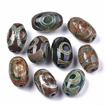 Tibetan Style dZi Beads, Natural Agate Beads, Dyed & Heated, Oval, 3-Eye, 19~23x14~15mm, Hole: 1.6~2mm