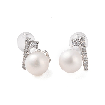 925 Sterling Silver Studs Earring, with Natural Pearl, Platinum, 10x8mm