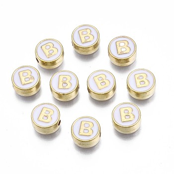Alloy Enamel Beads, Cadmium Free & Lead Free, Light Gold, Flat Round with Alphabet, White, Letter.B, 8x4mm, Hole: 1.5mm