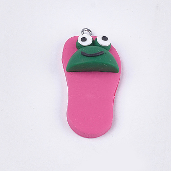 Handmade Polymer Clay Pendants, with Iron Findings, Slipper with Frog, Platinum, Camellia, 42~43x19~20x11~14mm, Hole: 1.5mm