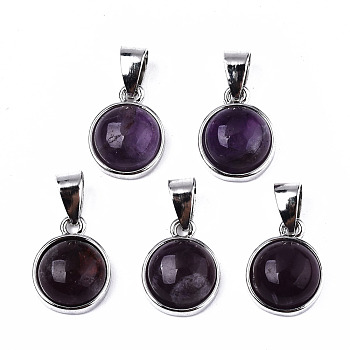 Natural Amethyst Pendants, with Platinum Tone Brass Settings and Platinum Tone Iron Snap on Bails, Half Round/Dome, 15.5x12x6mm, Hole: 5x7mm