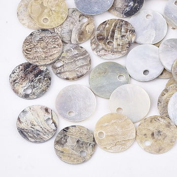 Natural Akoya Shell Charms, Mother of Pearl Shell Pendants, Flat Round, Tan, 10x1mm, Hole: 1.5mm