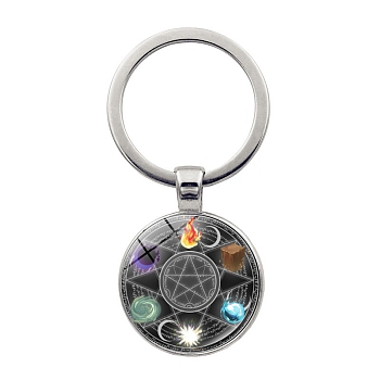 Glass Keychains, with Alloy Findings, Flat Round, Colorful, 6cm