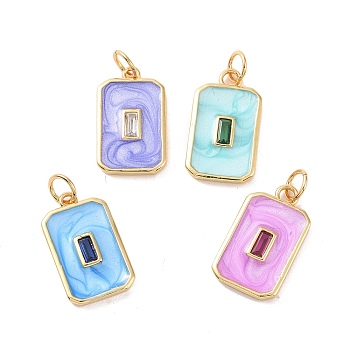 Rectangle Brass Micro Pave Cubic Zirconia Pendants, with Jump Rings and Enamel, Cadmium Free & Nickel Free & Lead Free, Real 18K Gold Plated, Mixed Color, 18x10.5x2mm, Hole: 3mm