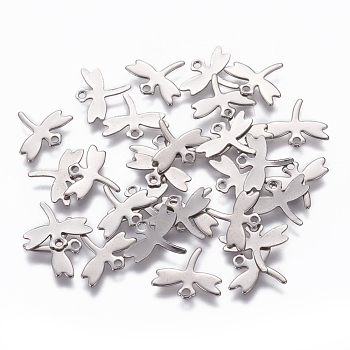 201 Stainless Steel Charms, Dragonfly, Stainless Steel Color, 10x12x0.6mm, Hole: 1mm